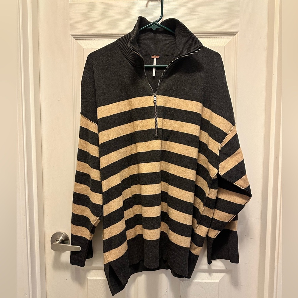 Free People Navy and Tan Striped Zip-Up Sweater